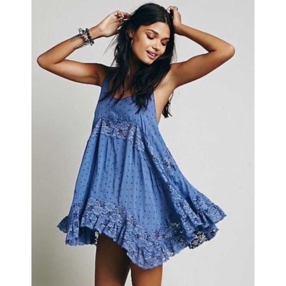 Free People Blue Lace Midi Slip Dress